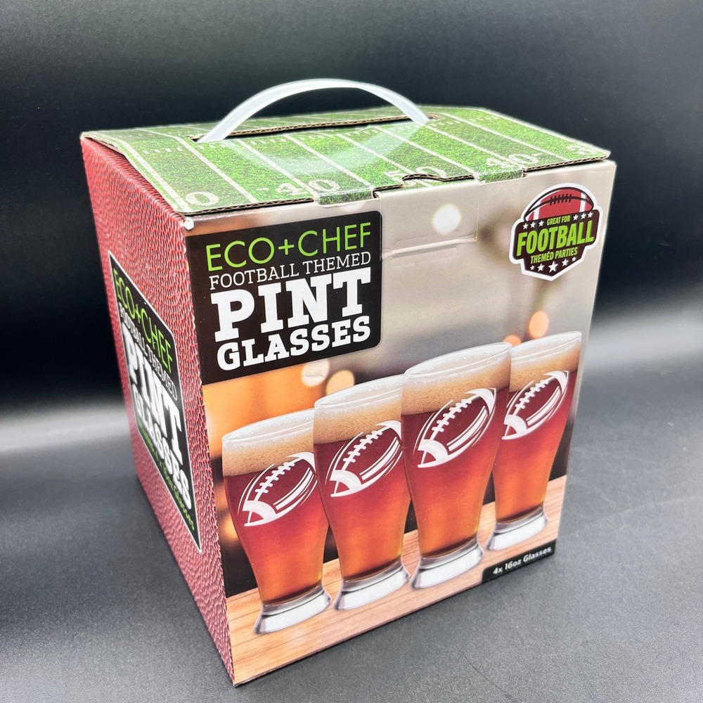 Eco+Chef Football Themed Pint Glasses Set of 4 16oz Sports Game Day Barware NEW